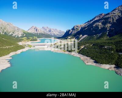 Dams of Cancano and San Giacomo - Valdidentro - Valtellina (IT) - Aerial view Stock Photo