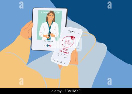 Patient talking by mobile phone with a doctor online from home. Concept of telemedicine and medical treatment during pandemic. Colorful vector illustration in flat cartoon style Stock Vector