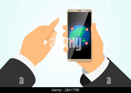 Hand holding smartphone with earth planet and gps location pin pointers on finger touching screen. Global online delivery or travelling service mobile navigation logistic app. Vector eps illustration Stock Vector