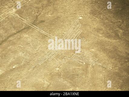 The hummingbird, one of the most famous Nazca Lines figures in the desert of Nazca, Peru, South America. Stock Photo