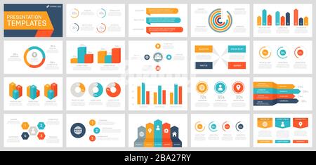 Set of grey, yellow, turquoise, orange and dark blue elements for multipurpose presentation template slides with graphs and charts. Stock Vector