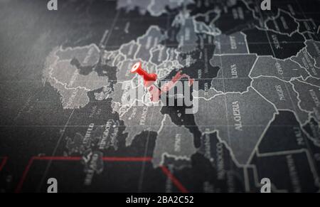 Italy map highlighted against dark world map background. Concept representing the Chinese Wuhan's virus Covid-19 or Coronavirus in Rome, Italy. Stock Photo