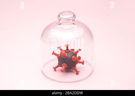 Coronavirus cell isolated under glass cover against pastel pink background minimal creative covid-19 pandemic creative concept.
