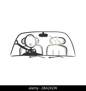 Man in car. Driving a vehicle. Safety belt fastened. Hand drawn. Stickman cartoon. Doodle sketch, Vector graphic illustration Stock Vector