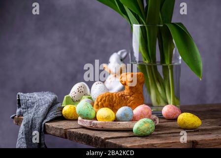 Easter background with tulips and eggs Stock Photo