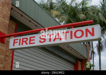 View of an Fire Station sign hanging in front of the statin in Bangalow, NSW, Australia Stock Photo