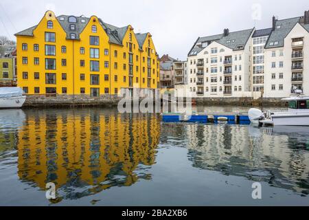 Art nouveau houses in the wonderful town Alesund at the Norwegian Sea Stock Photo