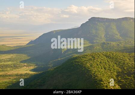 Sanyan plains with the Ngorongoro massif in the background (aerial view) Stock Photo