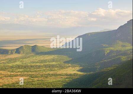 Sanyan plains with the Ngorongoro massif in the background (aerial view) Stock Photo