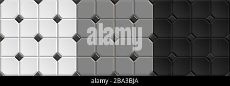 Seamless checkered patterns of vintage ceramic floor. Repeating textures of white, black, gray wall tiles background Stock Vector