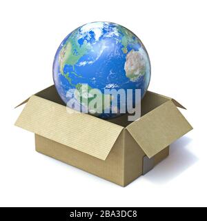 Earth globe in cardboard box 3D render illustration isolated on white background Stock Photo