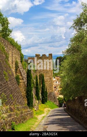 The road lined with traditional yellow houses leading to the Forte di Belvedere on the southbank of the River Arno in Florence, Italy Europe Stock Photo