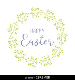 Vector hand drawn Happy Easter quote with green wreath. Lettering for ad, poster, print, gift decoration... Stock Vector