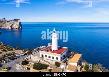 Lighthouse at Cap Formentor, Formentor peninsula, near Pollenca, drone shot, Majorca, Balearic Islands, Spain Stock Photo