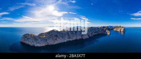 Panorama, Cap Formentor, Peninsula Formentor, near Pollenca, drone shot, Majorca, Balearic Islands, Spain Stock Photo