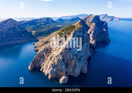 Cala Figuera and Cap de Catalunya, Formentor peninsula, near Pollenca, drone recording, Majorca, Balearic Islands, Spain Stock Photo