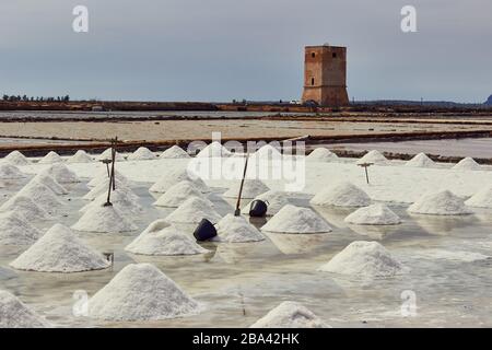 Salt production near Trapani, Sicily Stock Photo