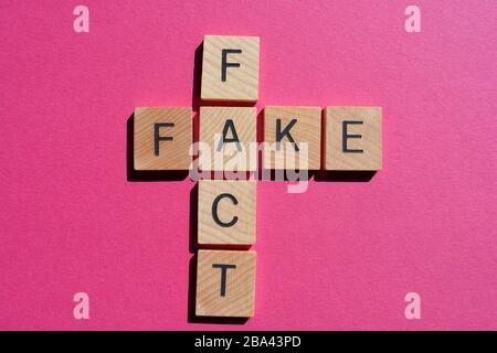 Fact Fake, words in wooden alphabet letters on bright pink background Stock Photo