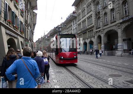 Trams and buses, Bern, Switzerland, 08/09/2019, Capital city of Switzerland. City trams, Trolly Busses and Bendy Busses, public transport Stock Photo