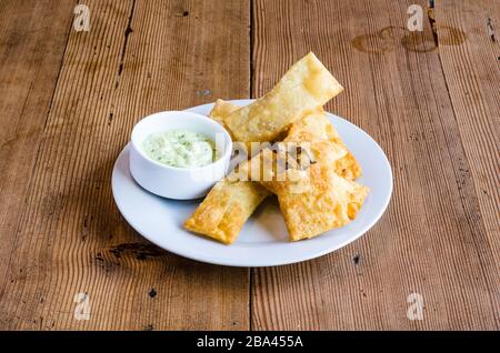 Latin-American appetizers called Tequenos made of fried wonton filled with cheese and is served with guacamole Stock Photo