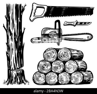 Downed logs, Saw or chainsaw, Work tools. Hand drawn elements for Lumberjack Woodsman. Vector illustration. Engraved Monochrome Vintage Sketch. Stock Vector