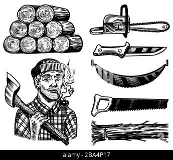 Lumberjack with axe. Woodsman character and work tools Set. Downed logs, Saw or chainsaw. Hand drawn elements. Logger or axeman or woodcutter. Vector Stock Vector