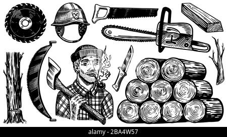 Lumberjack with axe. Woodsman character and work tools Set. Downed logs, Saw or chainsaw. Hand drawn elements. Logger or axeman or woodcutter. Vector Stock Vector