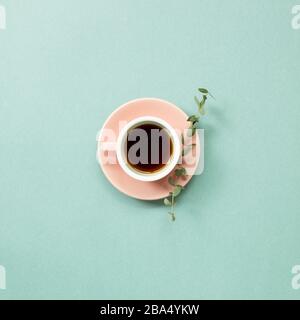A cup of coffee with eucalyptus leaf on green background. top view, copy space Stock Photo