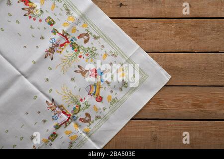 Easter tablecloth on a wooden old rustic table Stock Photo