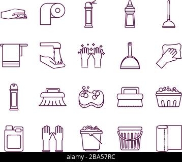 Cleaning service items line style icon set vector design Stock Vector