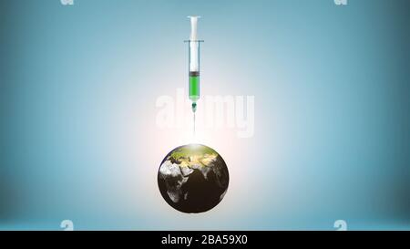 Cure injected from syringe into planet Earth, green clean environment concept, 3d illustration Stock Photo