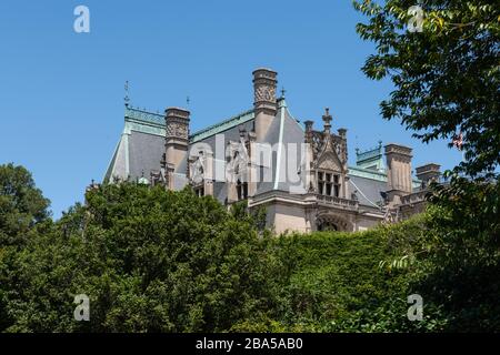 Asheville, North Carolina - July 24, 2019 - Sculptural and architectural details on the façade of the Biltmore Estate. Stock Photo