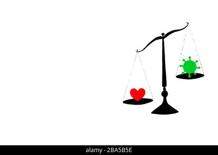old balance scale silhouette on white background love vs coronavirus Stock Photo