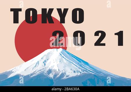 Text of Tokyo 2021 with a red sun and Mount Fuji in background Stock Vector