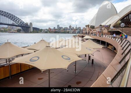 Coronavirus risk Sydney Circular Quay, restaurants and bars close following government ban and tourists stay home,Sydney,Australia