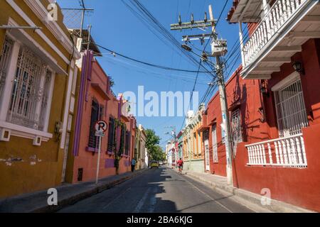 Santa Marta-Magdalena-Colombia, 16. January 2020: Colorful Houses Streets of old town in Santa Marta, Caribbean city, Colombia Stock Photo