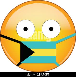 Yellow scared emoji in Bahamian medical mask protecting from SARS, coronavirus, bird flu and other viruses, germs and bacteria and contagious disease Stock Vector