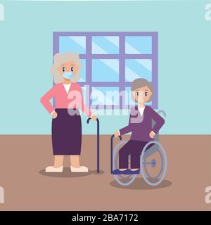 elderly care, old women on the living room vector illustration design Stock Vector