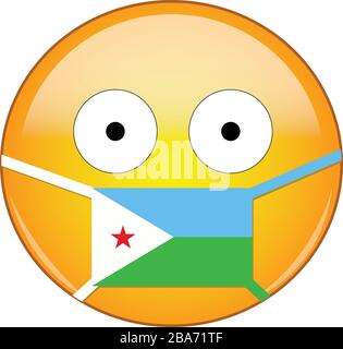 Yellow scared emoji in Djiboutian medical mask protecting from SARS, coronavirus, bird flu and other viruses, germs and bacteria and contagious diseas Stock Vector