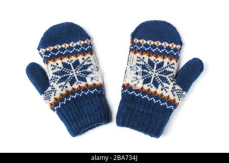 Children's woolen patterned knitted mittens isolated on white Stock Photo