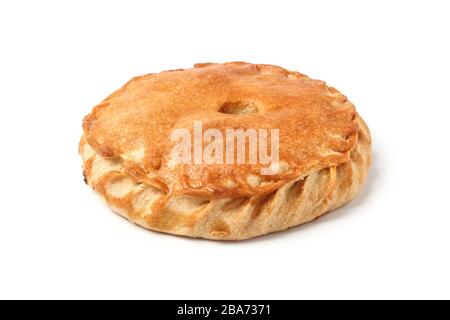 A piece of kurnik pie with chicken, potatoes and rice on a plate. Homemade  pastries Stock Photo by Aleruana