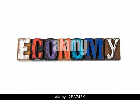 Economy. Development, Planning, Growth or Recession Concept. Colored wooden letters on a white background Stock Photo