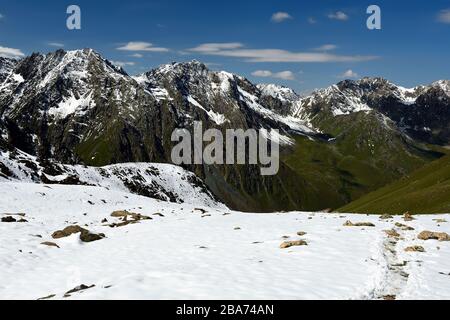 The Ala Kul lake trail at the Terskey Alatau mountain range in the Tian Shan mountains. Kyrgyzstan, Central Asia.