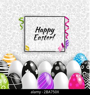 Black white multicolored Easter eggs on grey seamless pattern background. Vector set for holiday. Black White Easter card Stock Vector