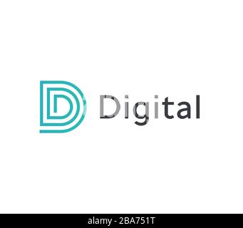 Abstract D letter, blue linear logo template, flat maze emblem. Concept logotype design for business and information technology. Vector logo. Stock Vector