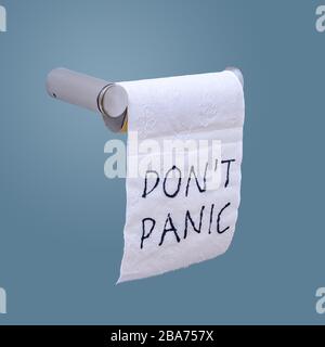 'Don't panic' message written on a last piece of toilet paper