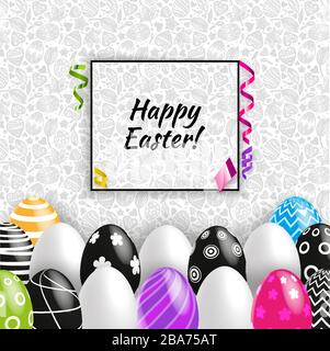 Black white multicolored Easter eggs on grey seamless pattern background. Vector set for holiday. Black White Easter card Stock Vector