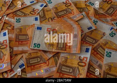 Big pile of 50 euro bills Stock Photo
