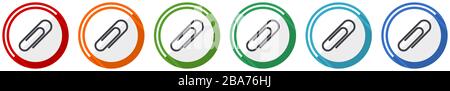 Paperclip icon set, flat design vector illustration in 6 colors options for webdesign and mobile applications Stock Vector