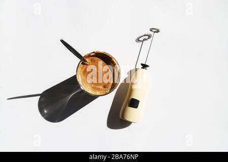 Battery cappuccino machine or milk frother for making coffee at home Stock Photo